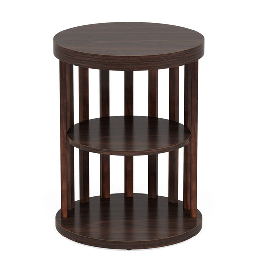 Wood End Table, Round Side Table with 3-Tier Storage Shelves Tribesigns