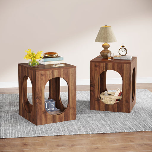Wood End Table, Square Side Table with 2-tier Storage Shelves Tribesigns