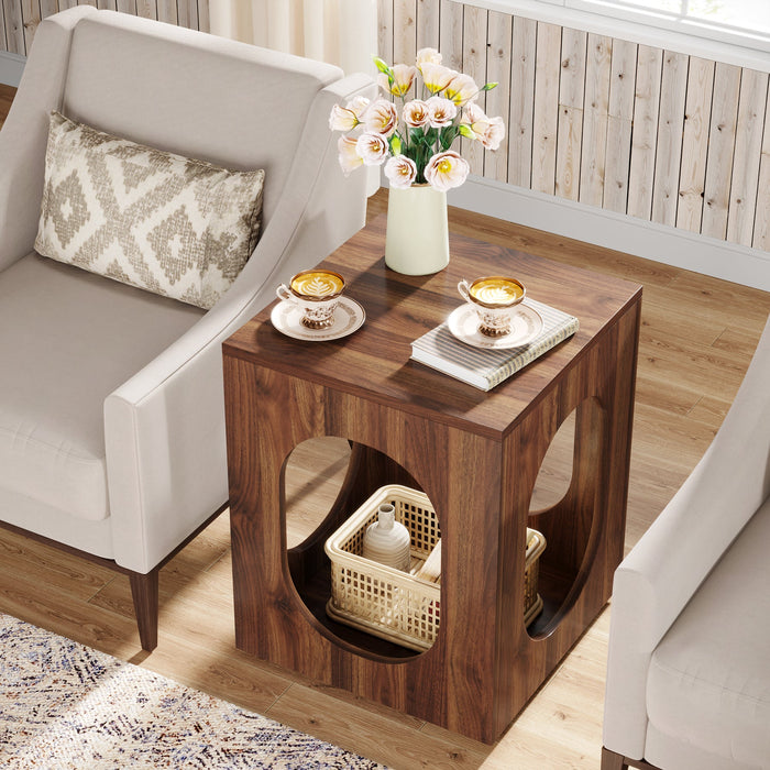 Wood End Table, Square Side Table with 2-tier Storage Shelves Tribesigns