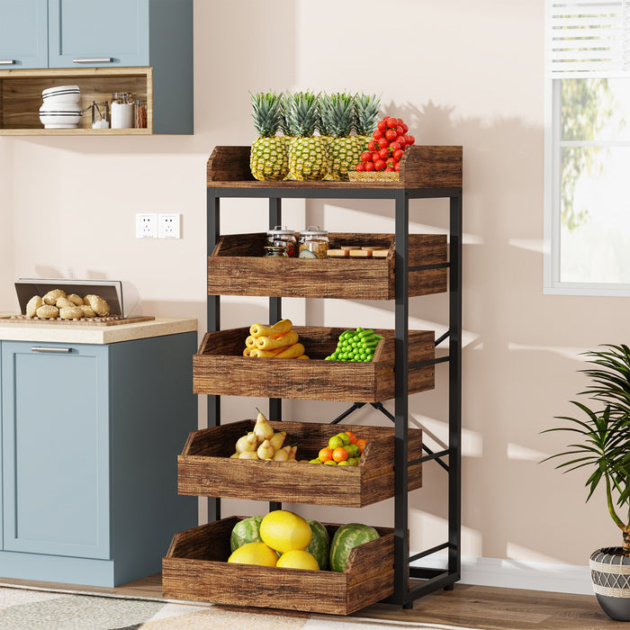 Wood Fruit and Vegetable Storage Rack Basket Stand with 5 Drawers Tribesigns