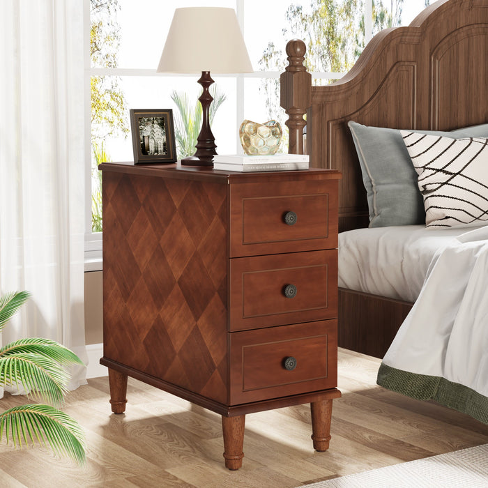 Wood Nightstand, Fully Assembled Narrow Side Table with 3 Drawers Tribesigns