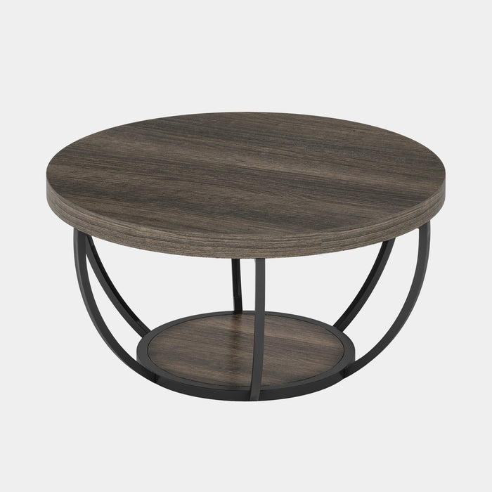 Wooden Coffee Table, 2-Tier Round Central Cocktail Table with Shelves Tribesigns