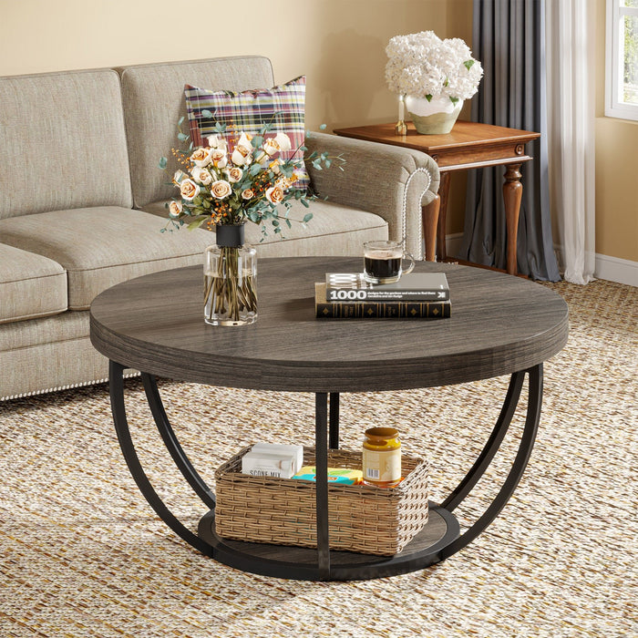 Wooden Coffee Table, 2-Tier Round Central Cocktail Table with Shelves Tribesigns