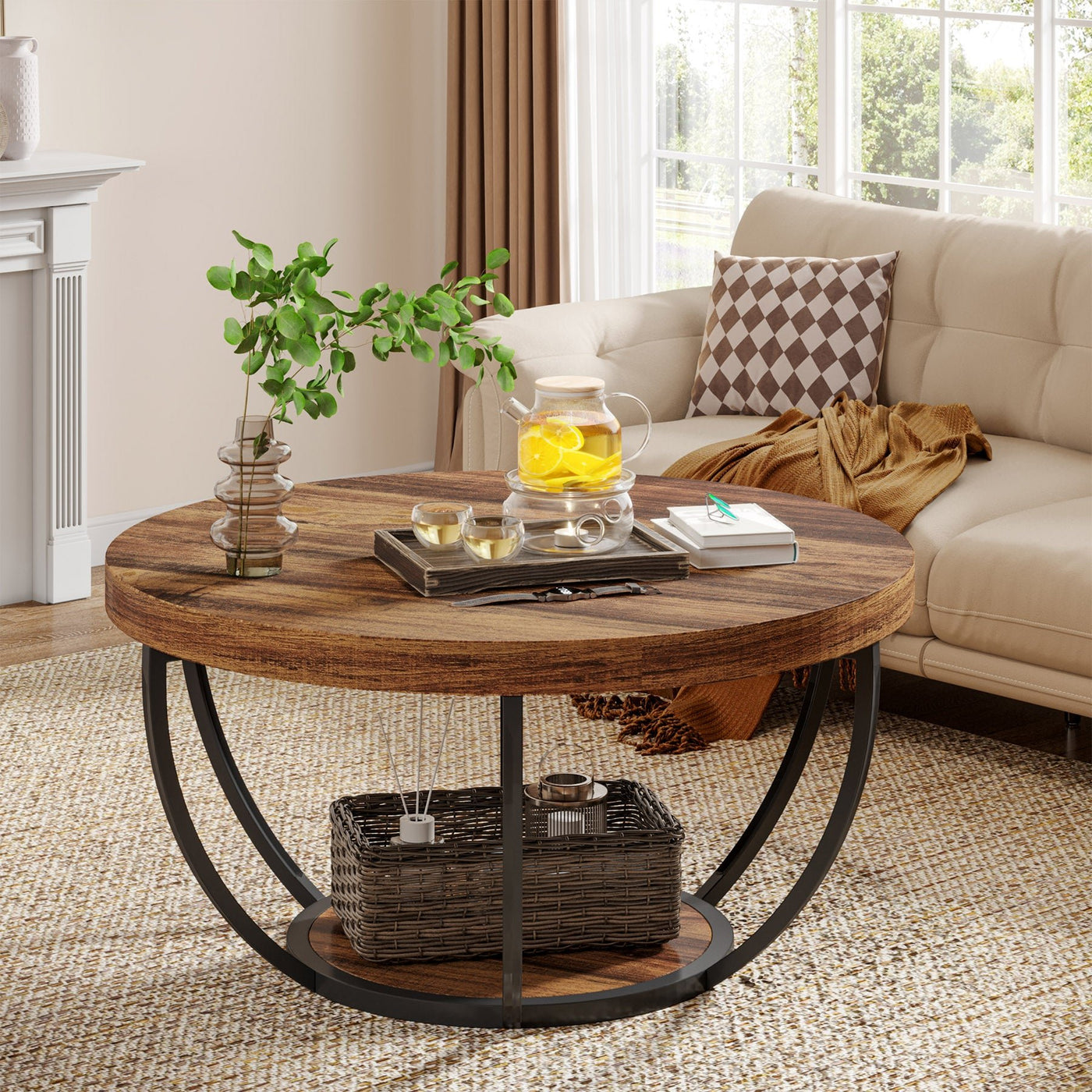 Tribesigns Coffee Table, 2-Tier Wooden Round Central Cocktail Table