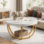 Wooden Coffee Table, 2-Tier Round Central Cocktail Table with Shelves Tribesigns
